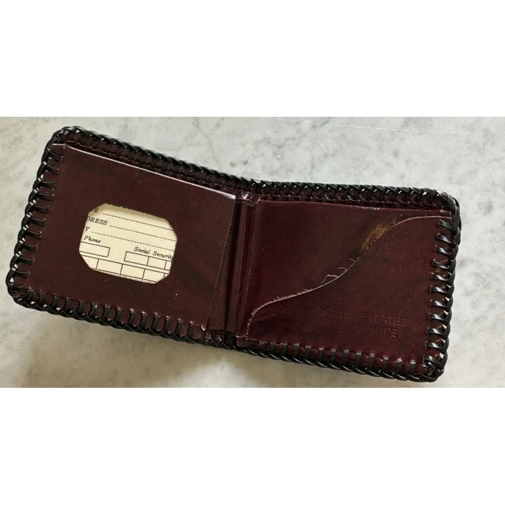 New VTG Mens Leather Bifold Laced Truckers Wallet Embossed Front Native American